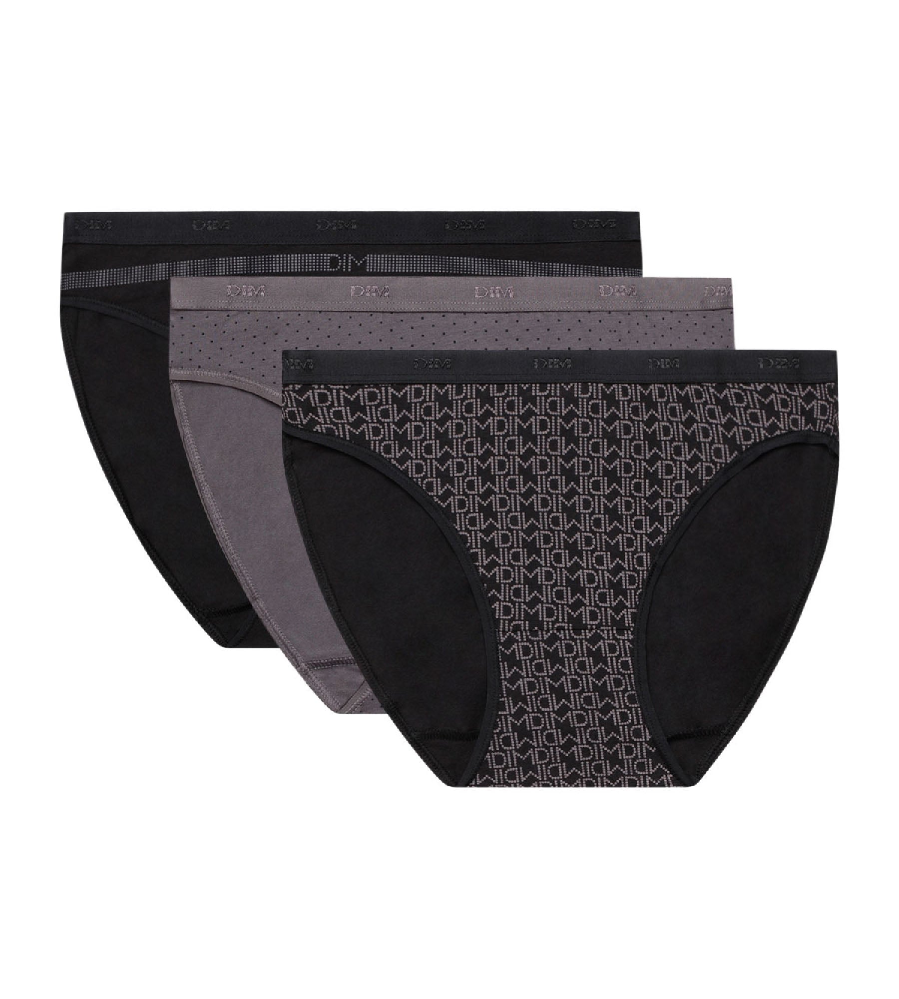 DIM 3er-Pack graue/schwarze Slips aus Stretch-Baumwolle – Pockets