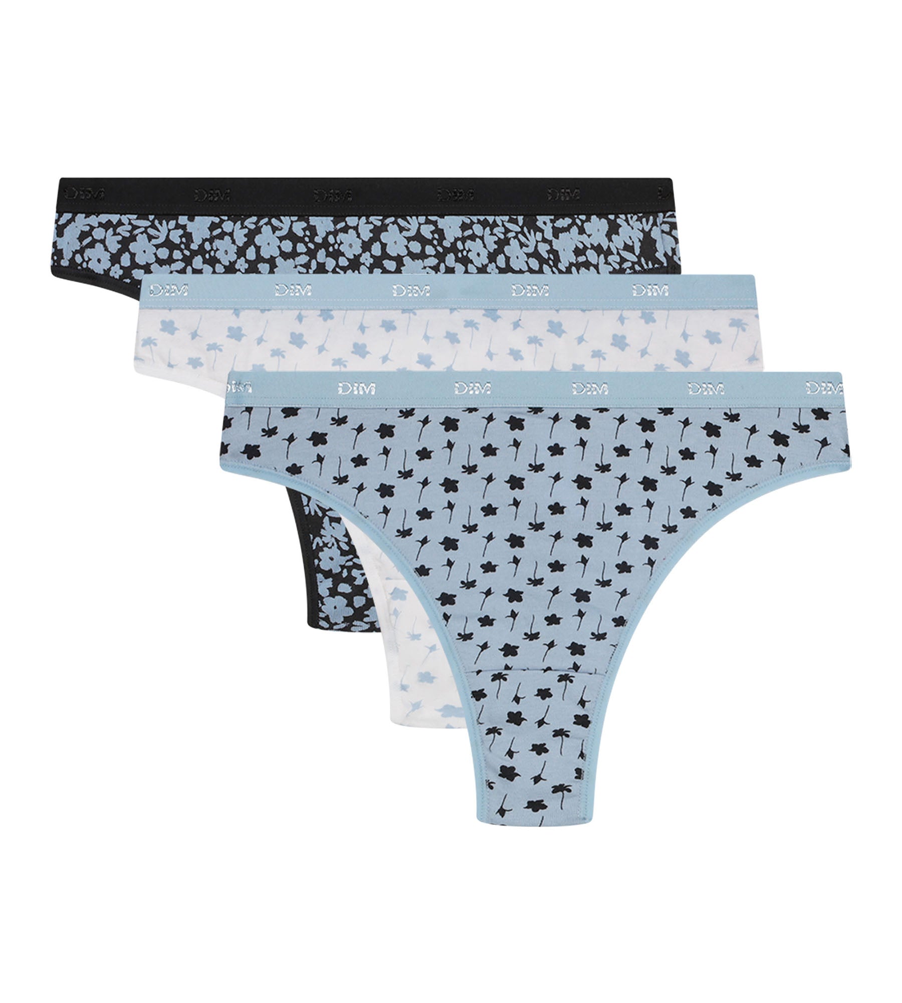 DIM 3er-Pack blau/graue Strings aus Stretch-Baumwolle mit Blumenmuster – Pockets