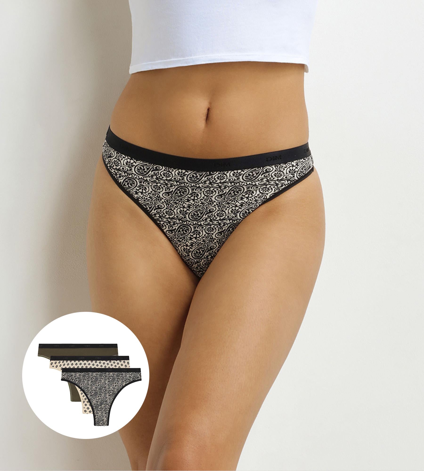 DIM 3er-Pack Damen-Strings mit Ethno-Muster Khaki Schwarz Die Pockets