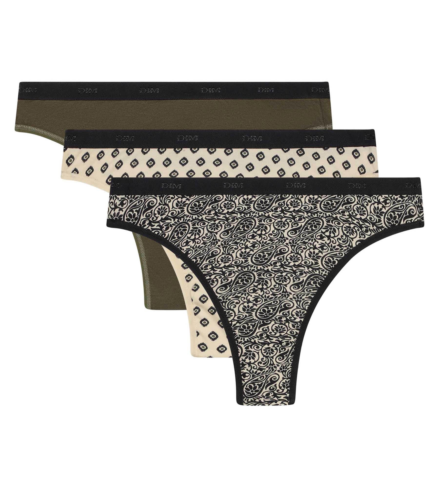 DIM 3er-Pack Damen-Strings mit Ethno-Muster Khaki Schwarz Die Pockets