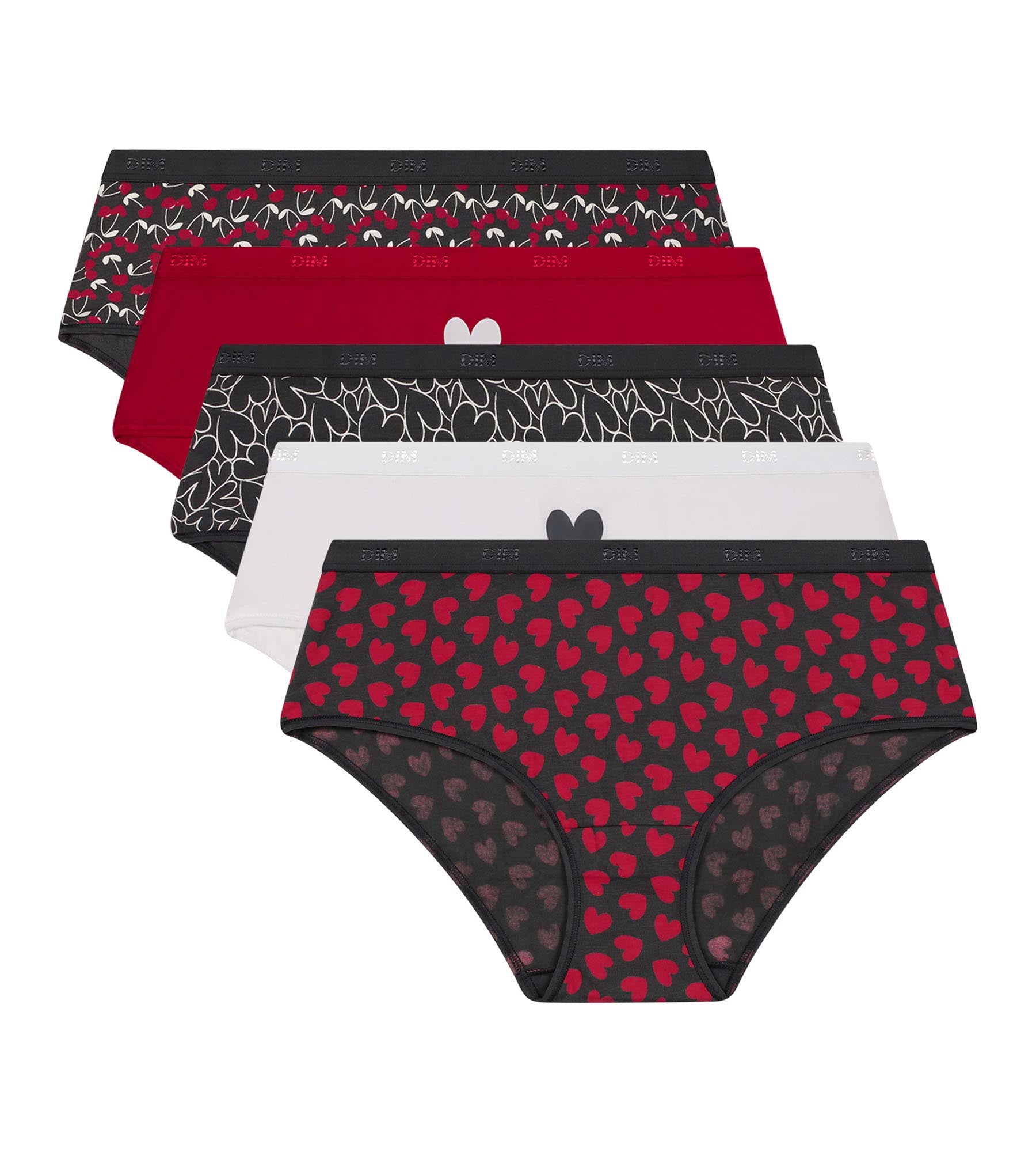 DIM 5er-Pack rote Hipster aus Stretch-Baumwolle mit Herzmuster – Pockets