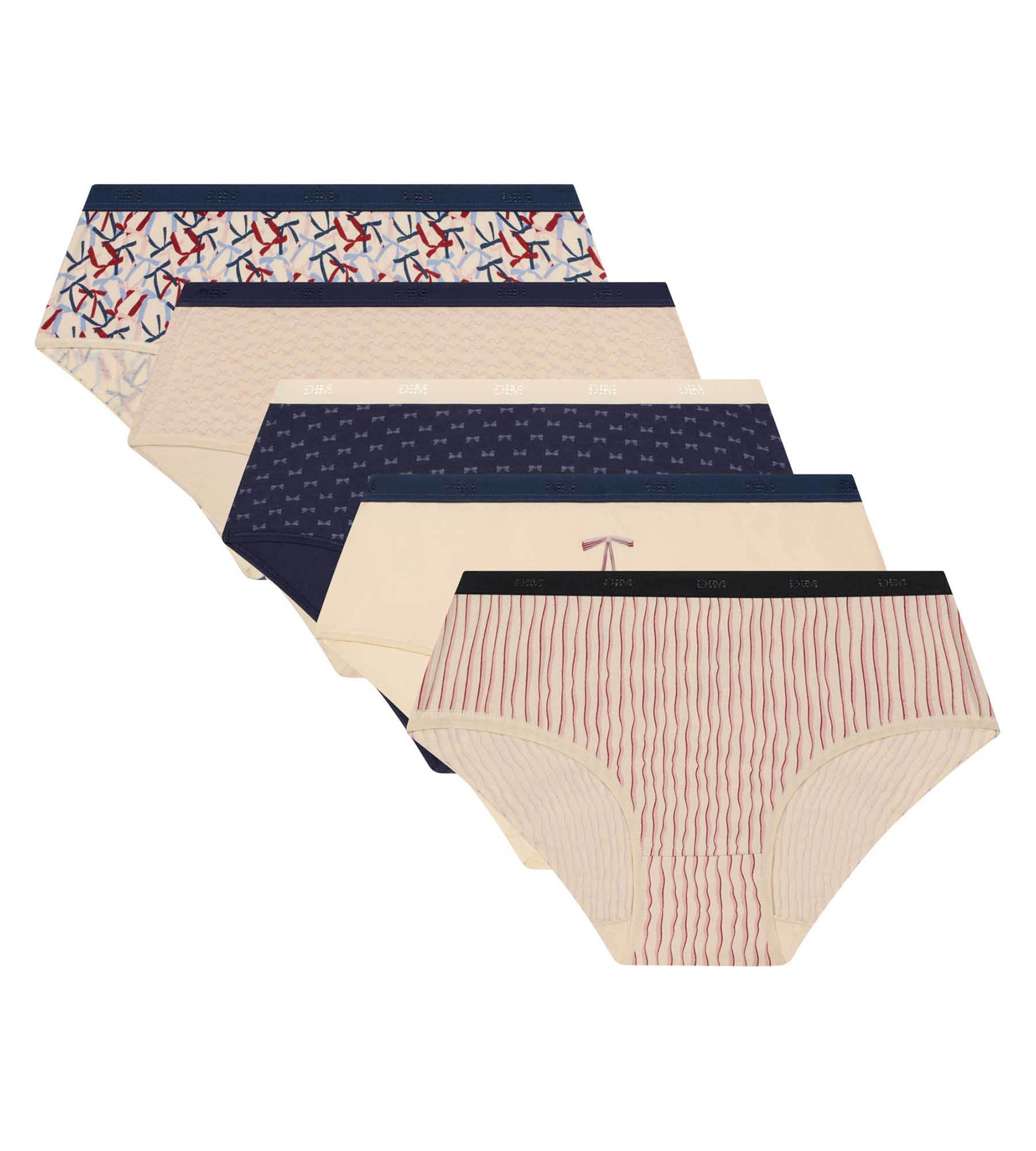 DIM 5er-Pack Damen-Boxershorts mit Ribbon-Muster Rot Blau Les Pockets