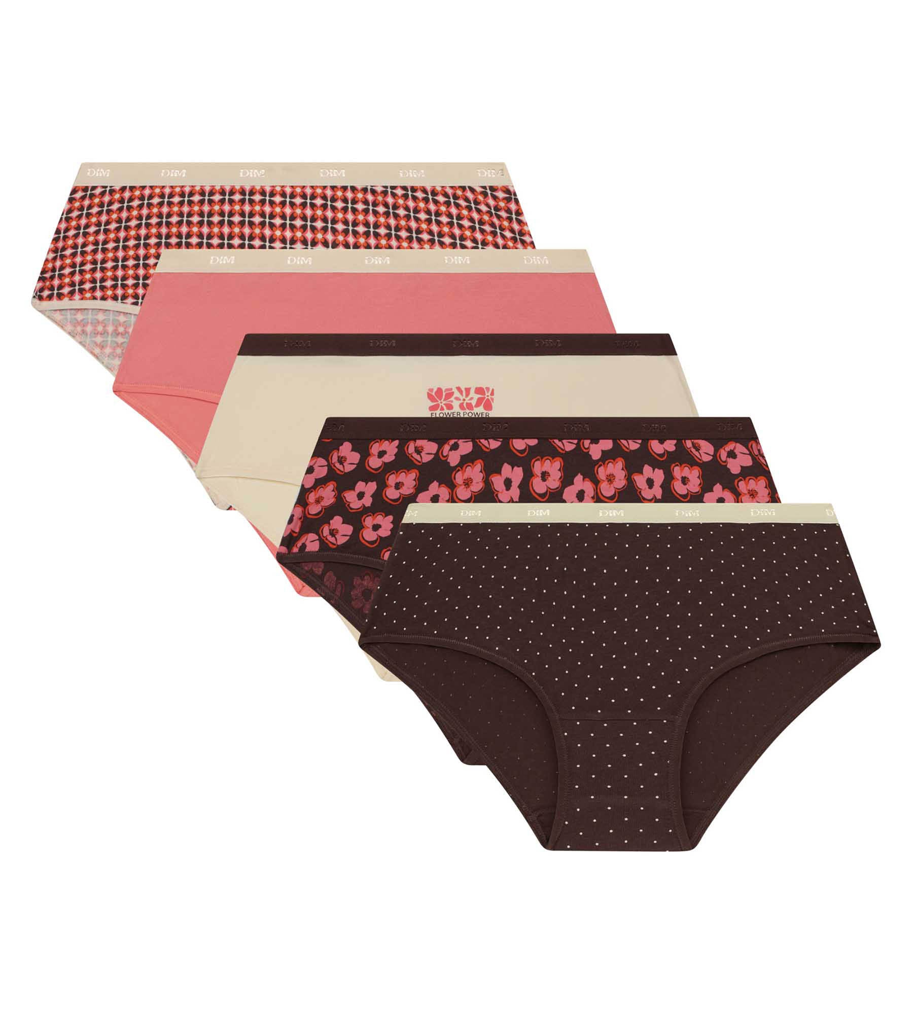 DIM 5er-Pack Damen-Boxershorts mit Retro-Motiven Rosa Braun Les Pockets