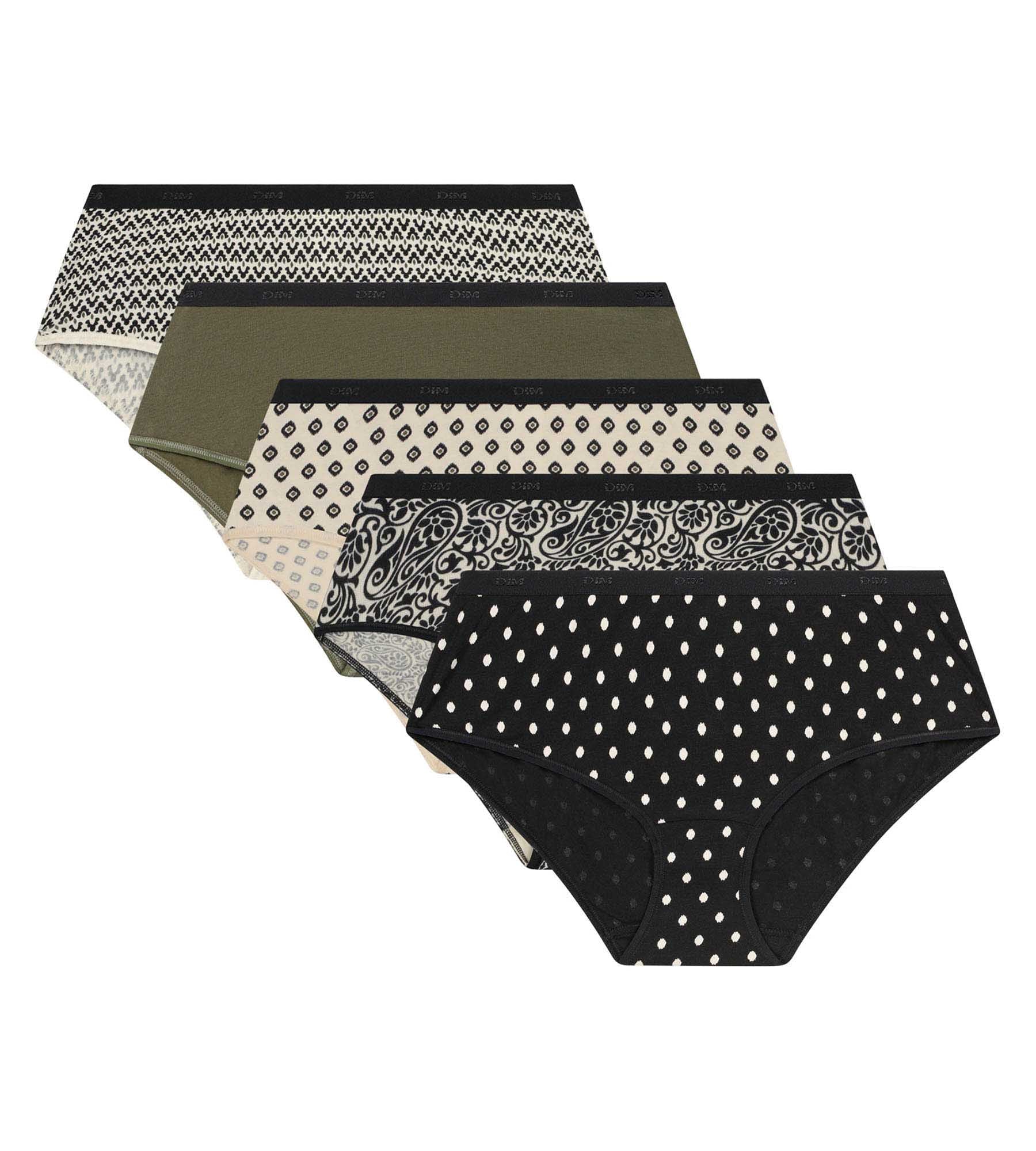 DIM 5er-Pack Damen-Boxershorts mit ethnischen Motiven, khaki schwarz Les Pockets