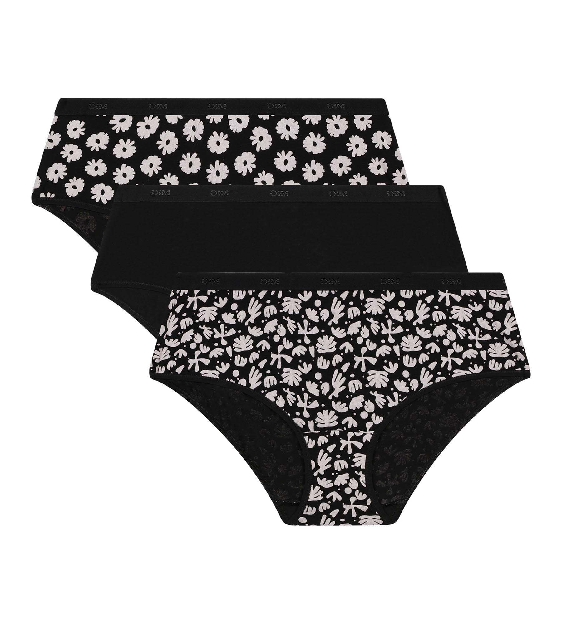 DIM 3er-Pack schwarz/beige Hipster aus Stretch-Baumwolle mit Blumenmuster – Pockets
