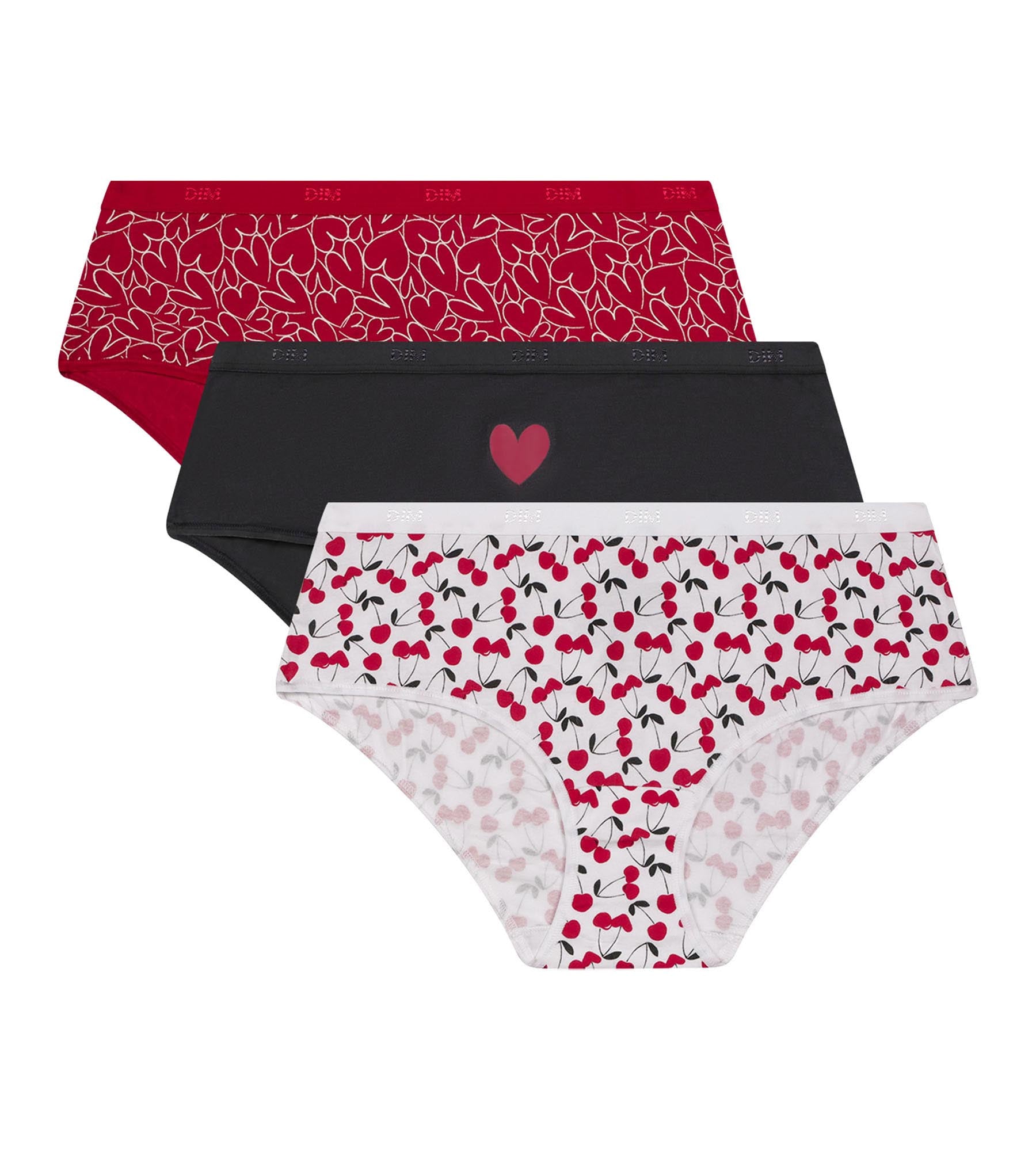 DIM 3er-Pack rote Hipster aus Stretch-Baumwolle mit Herzmotiv – Pockets