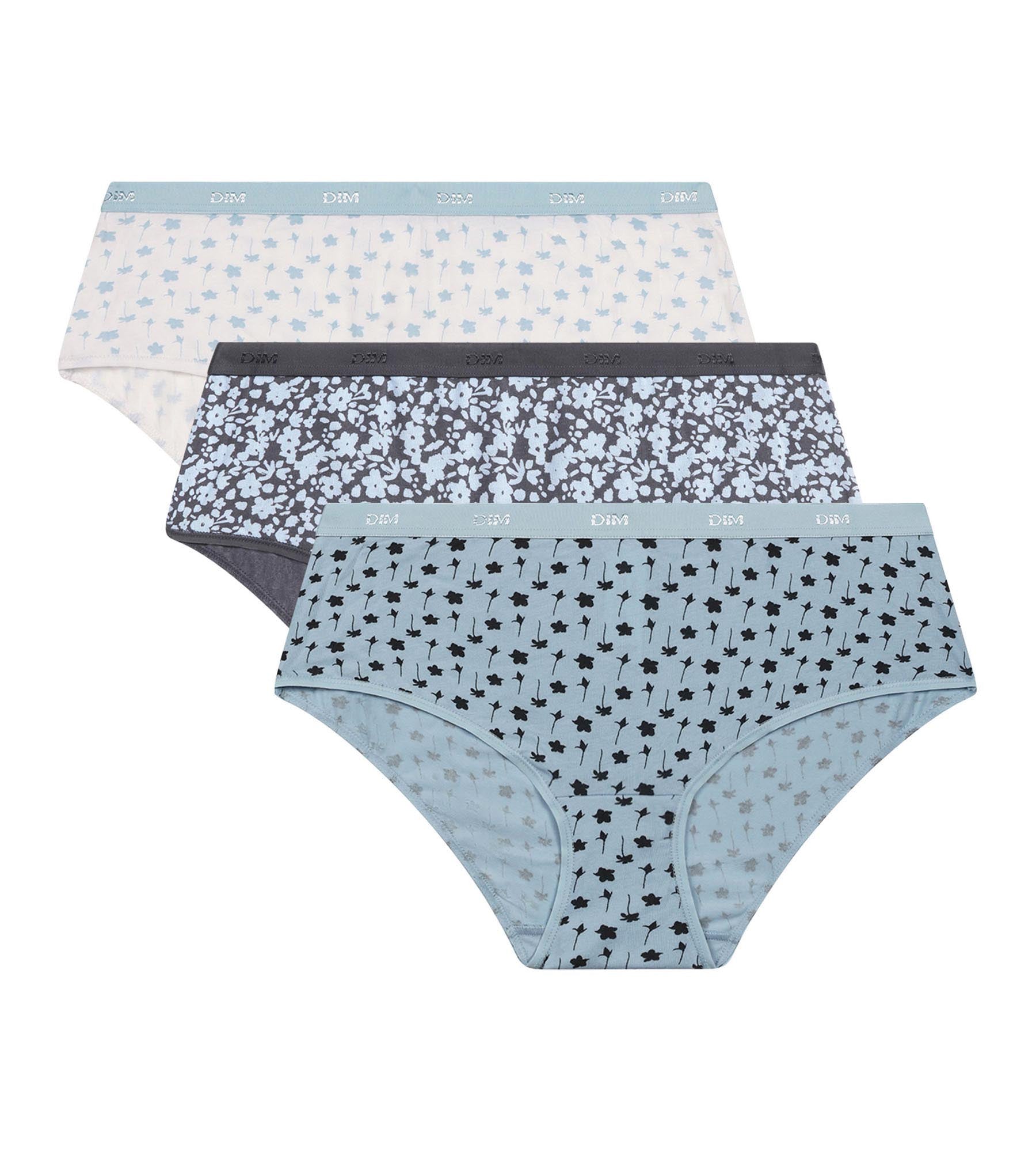 DIM 3er-Pack blaue Hipster aus Stretch-Baumwolle mit Blumenmuster – Pockets