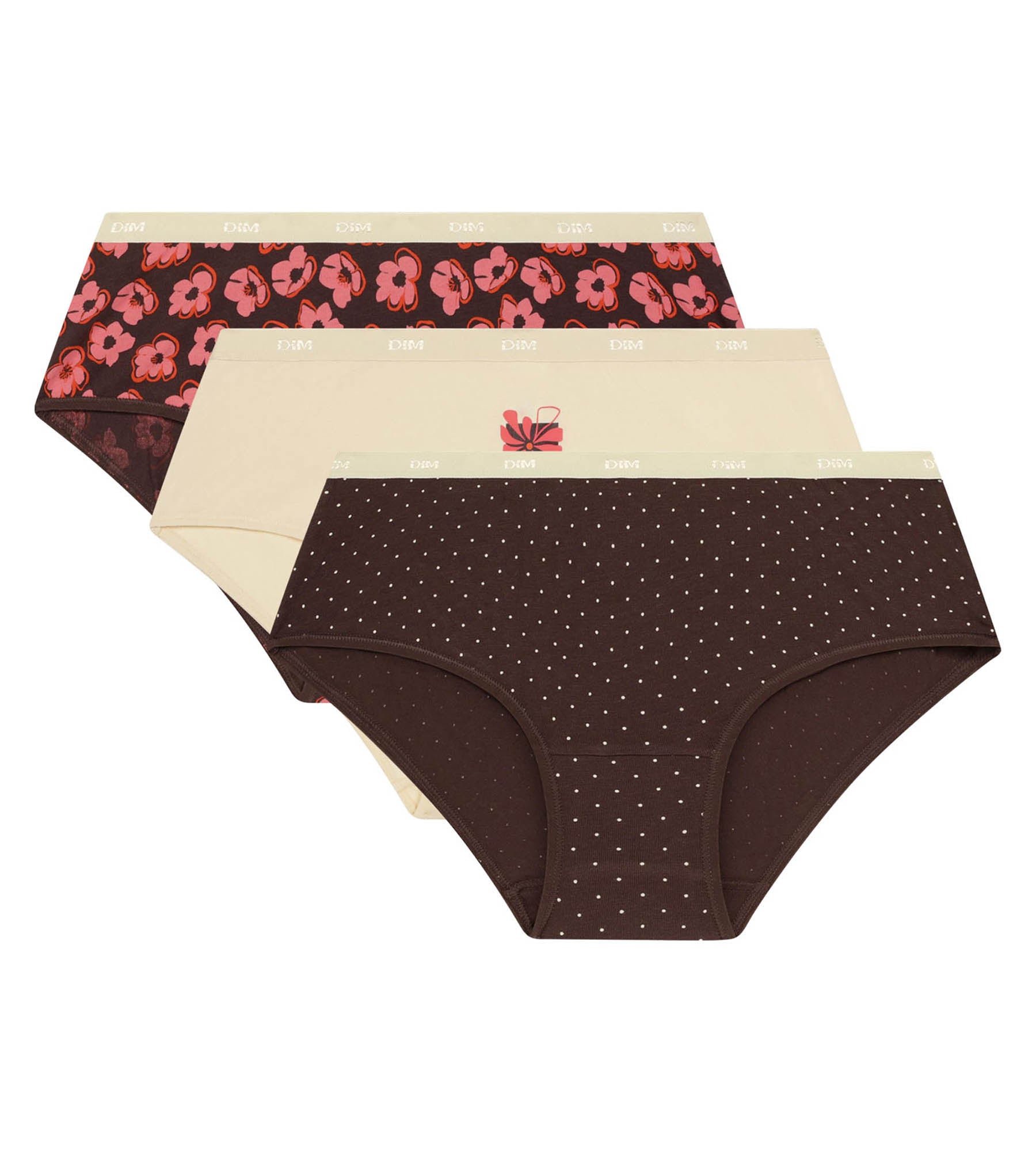 DIM 3er-Pack Damen-Boxershorts mit Retro-Motiven Rosa Braun Les Pockets
