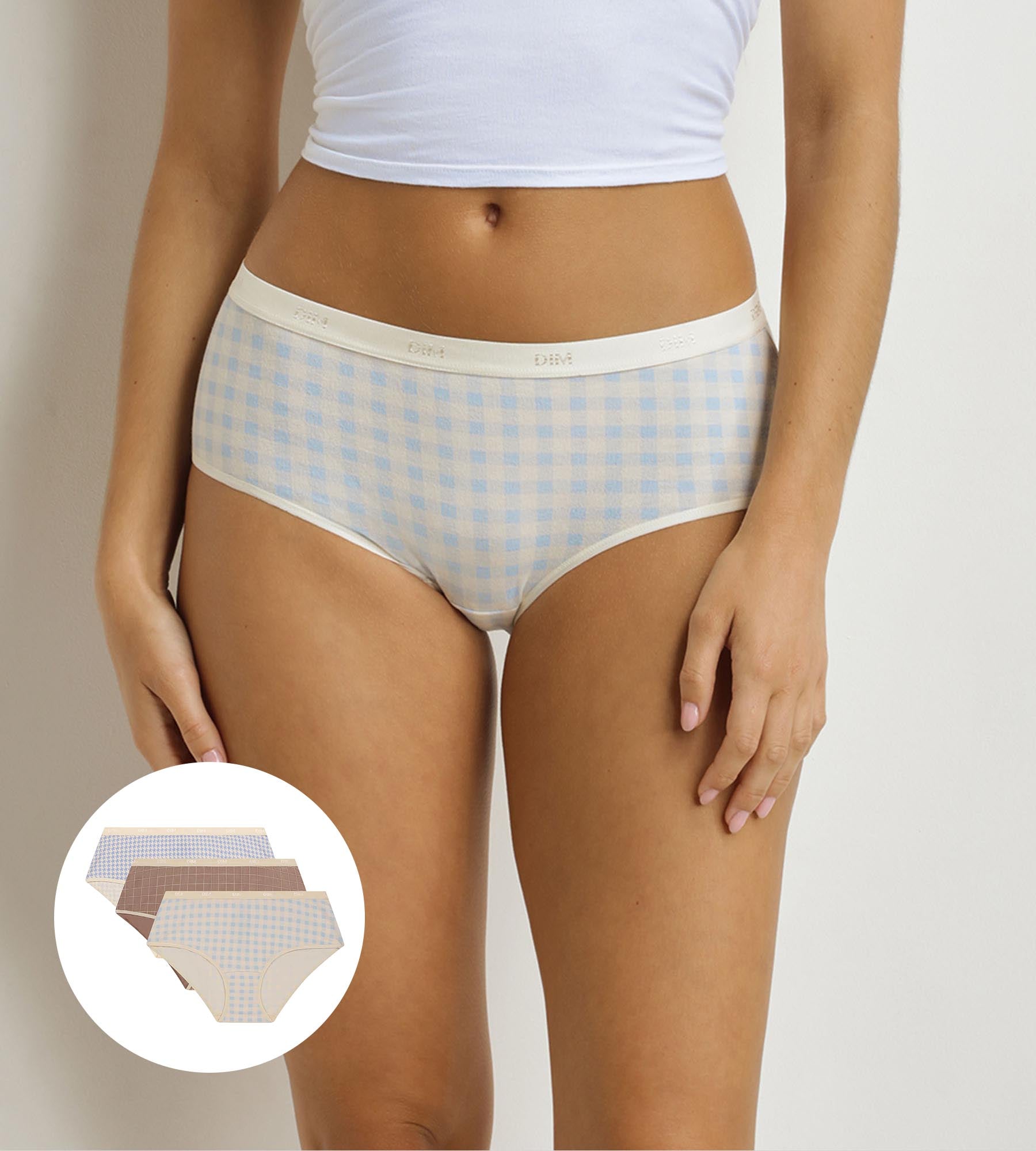 DIM 3er-Pack Damen-Boxershorts mit Vichykaro-Muster Blau Beige Les Pockets