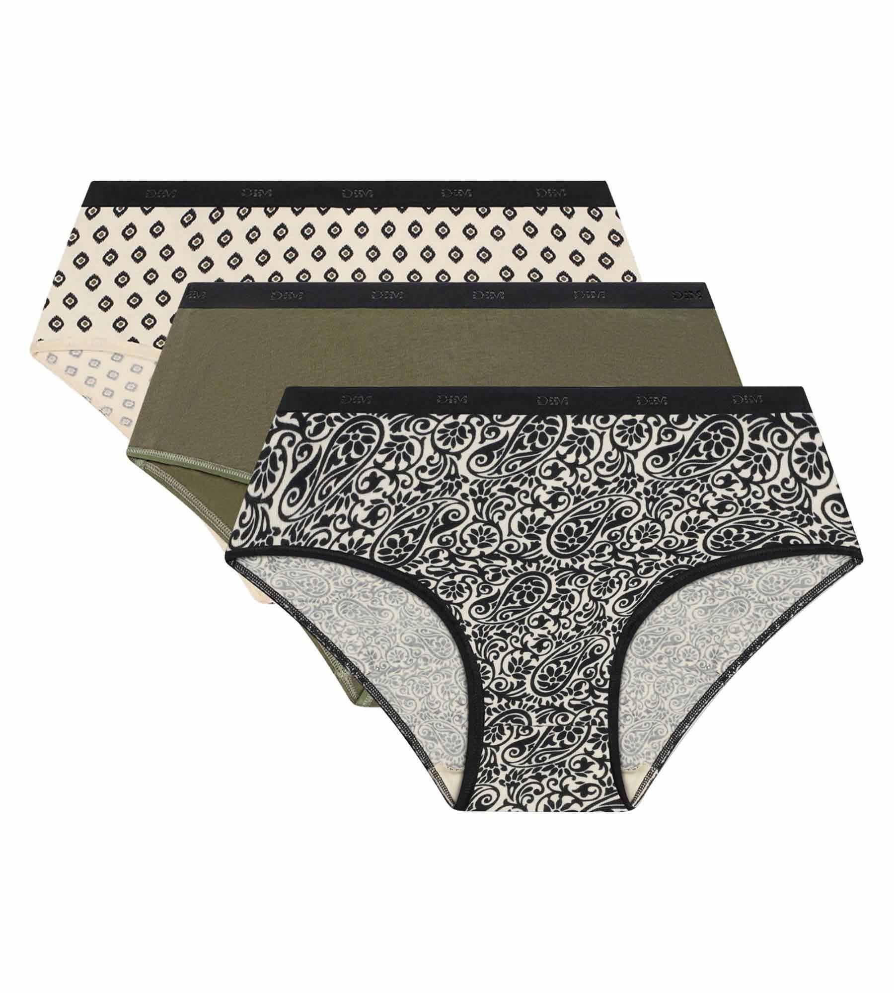 DIM 3er-Pack Damen-Boxershorts mit ethnischen Motiven Khaki, Schwarz Les Pockets
