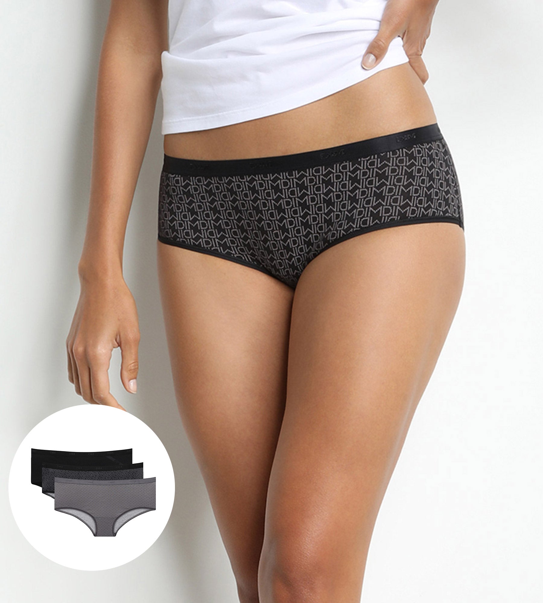 DIM 3er-Pack schwarze/graue Hipster aus Stretch-Baumwolle – Pockets