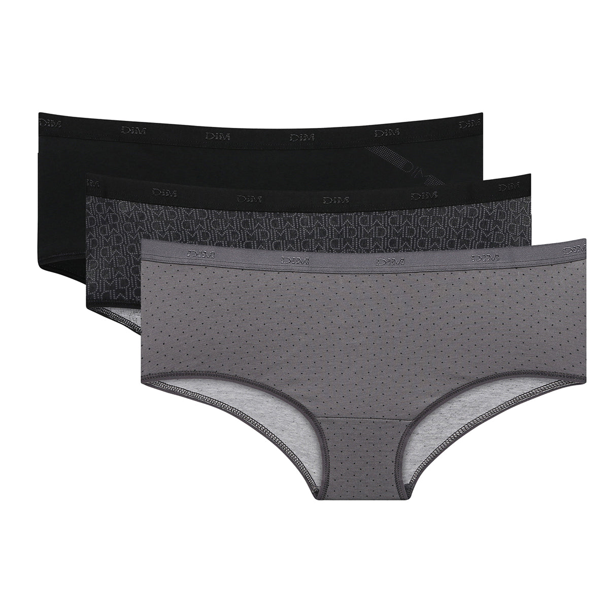 DIM 3er-Pack schwarze/graue Hipster aus Stretch-Baumwolle – Pockets