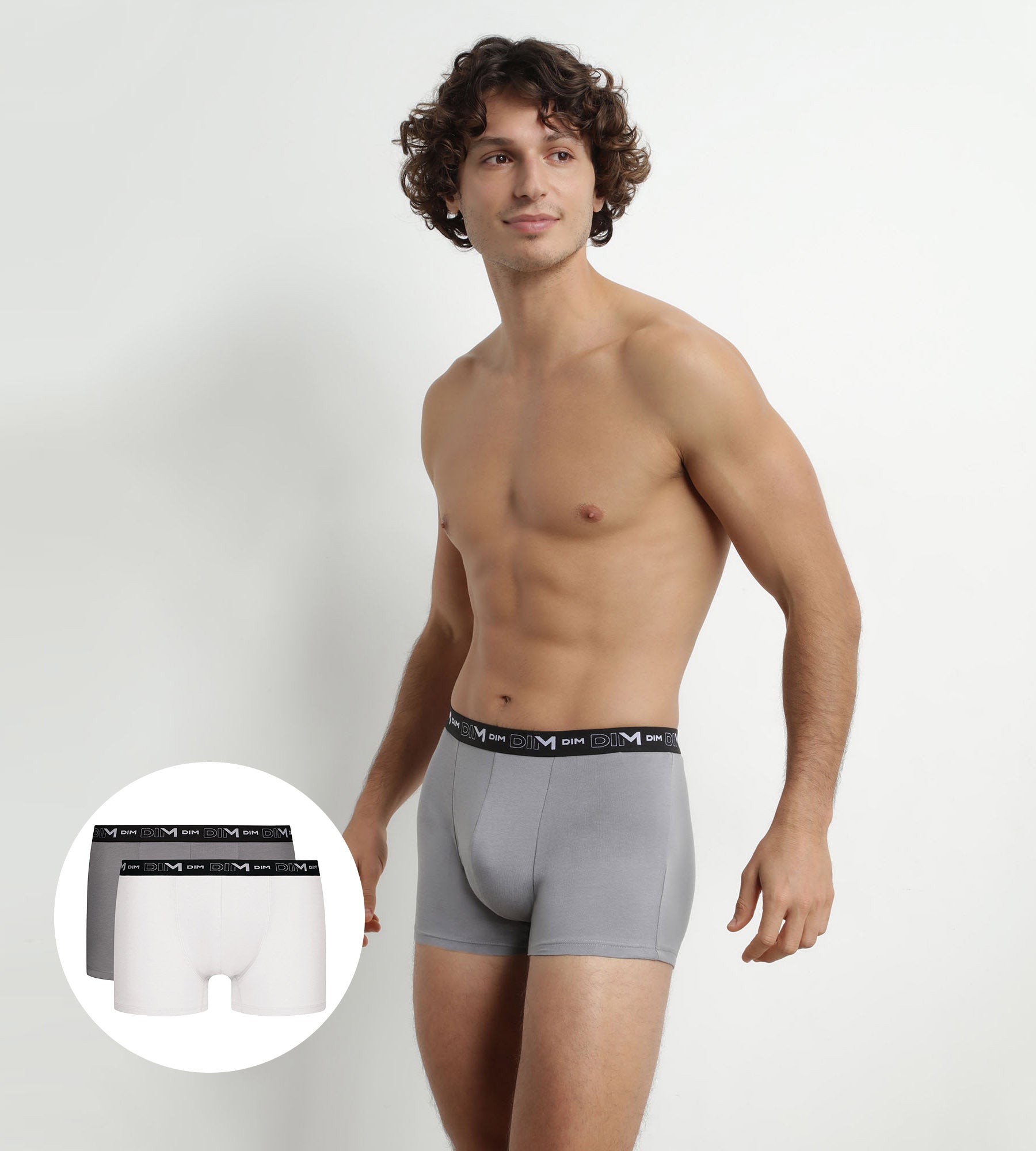 DIM 2er-Pack Herren-Boxershorts Weiß/Grau mit Kontrastgürtel aus Stretch-Baumwolle