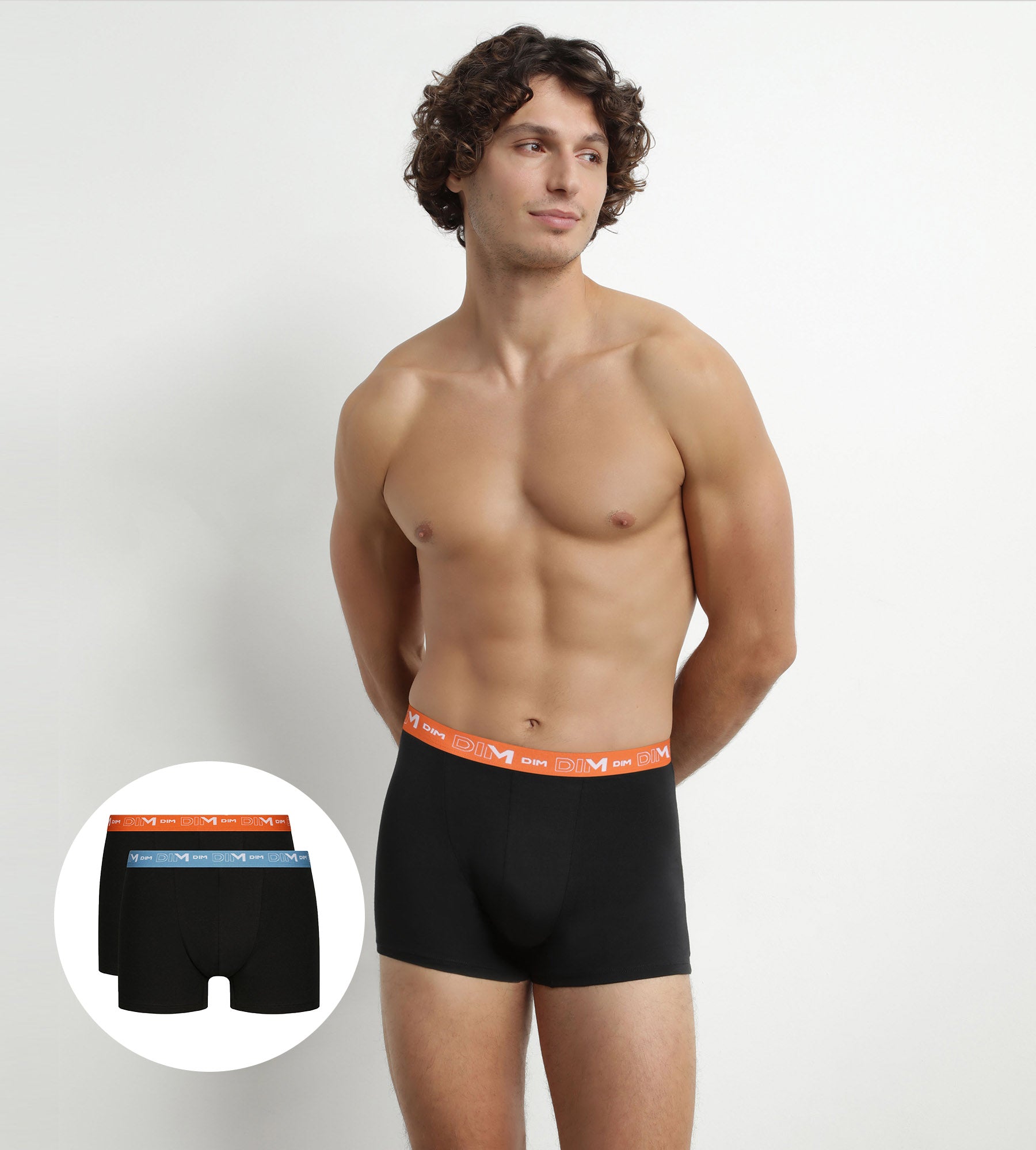 DIM 2er-Pack Herren-Boxershorts Schwarz mit blauem und orangefarbenem Bund aus Stretch-Baumwolle