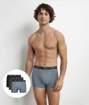 3er-Pack Herren-Boxershorts Schwarz/Grau mit Kontrastgürtel aus Stretch-Baumwolle