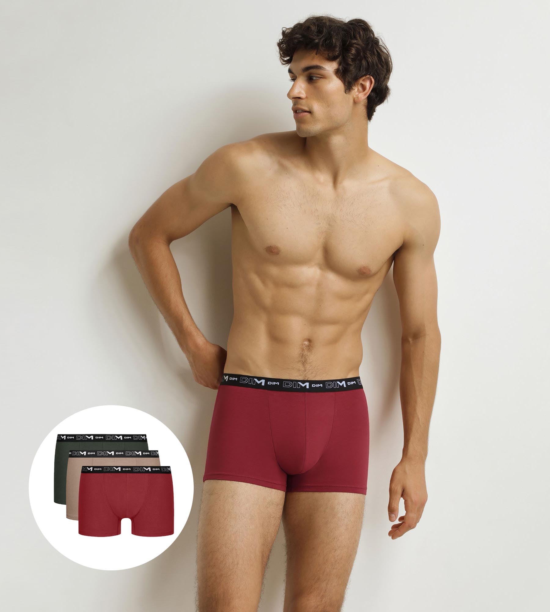 DIM 3er-Pack Herren-Boxershorts Grün Beige Rot Baumwolle Stretch