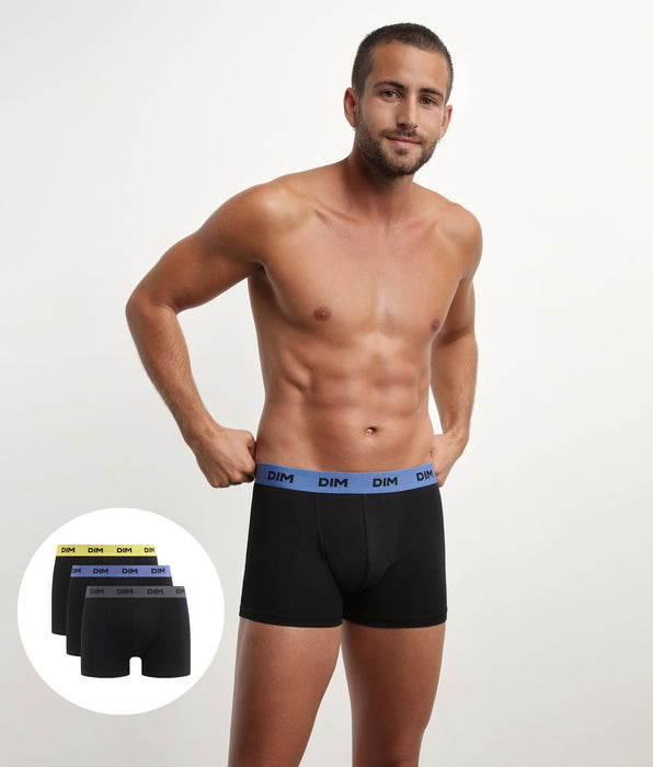 DIM 3er-Pack schwarze Baumwoll-Boxershorts mit Jacquardbund in gelb/lila/grau - Mix & Colors