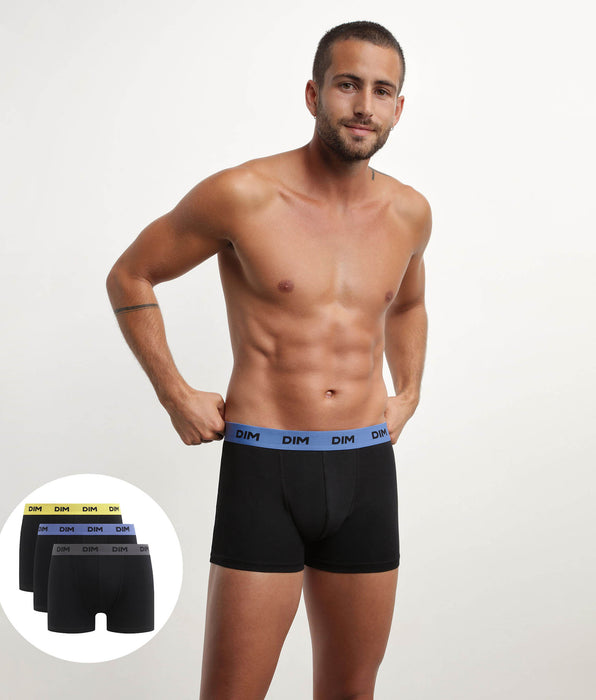 DIM 3er-Pack schwarze Baumwoll-Boxershorts mit Jacquardbund in gelb/lila/grau - Mix & Colors