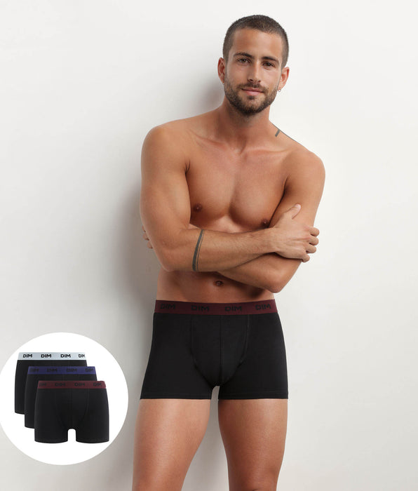 DIM 3er-Pack schwarze Baumwoll-Boxershorts mit Jacquardbund in hellblau/ultramarin/bordeaux - Mix & Colors