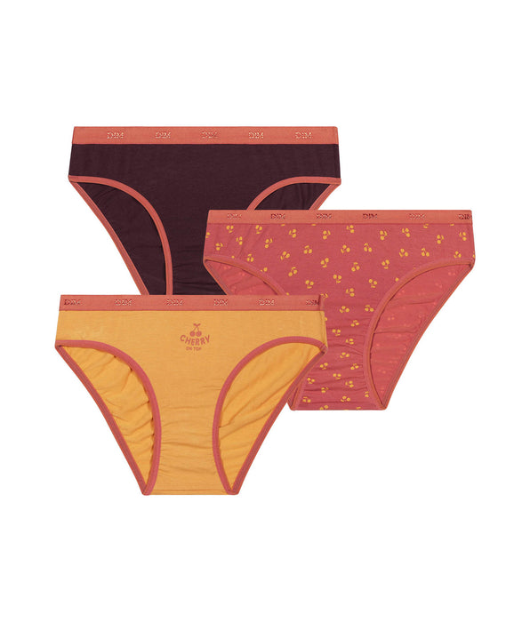 DIM 3er-Pack Mädchenslips schokobraun/orange mit Kirsch-Motiv - Pockets