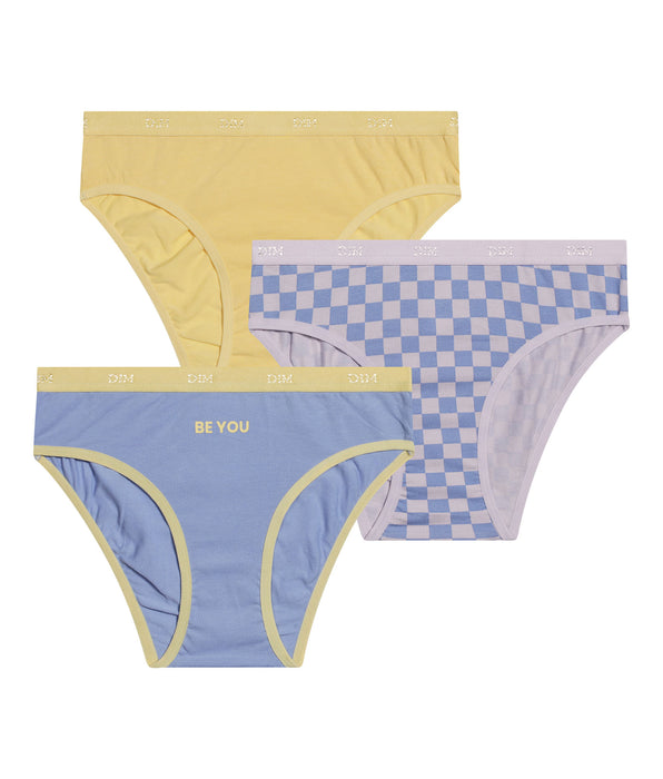 DIM 3er-Pack gelbe Mädchenslips aus Baumwolle mit Stretch-Anteil und Schachbrettmuster – Pockets