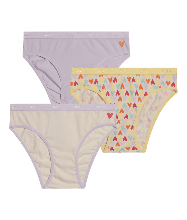 DIM 3er-Pack gelbe Mädchenslips aus Stretch-Baumwolle mit Herzmuster – Pockets