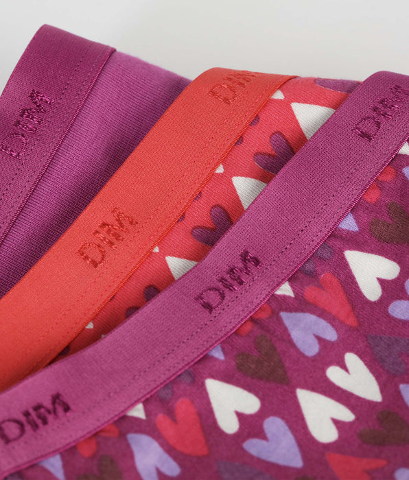 DIM 3er-Pack Mädchenhöschen aus Stretch-Baumwolle in Violett und Rot mit Herzen von Les Pockets