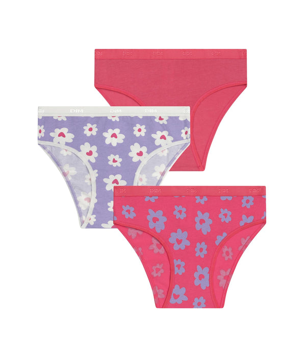 DIM 3er-Pack Stretch-Baumwollhöschen für Mädchen in Violett und Rosa mit Blumenmuster von Les Pockets