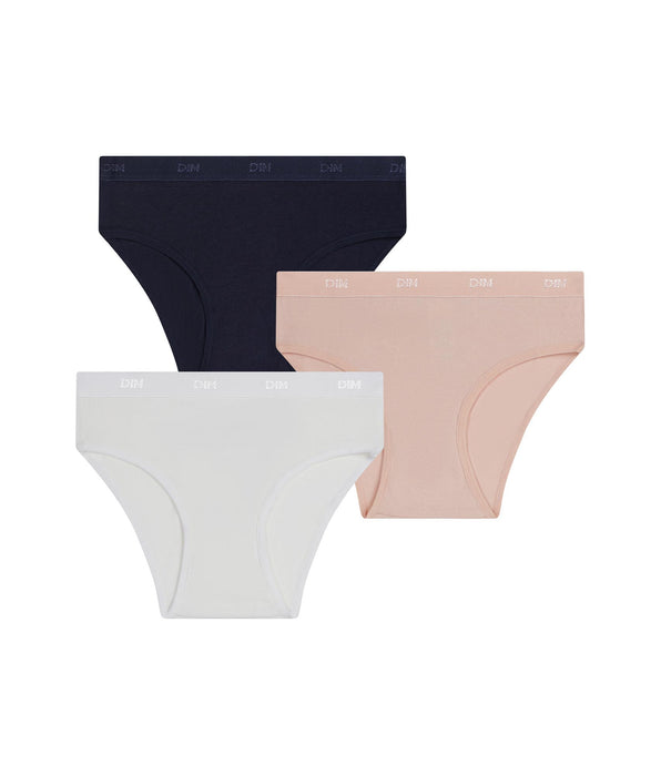 DIM 3er-Pack Slips für Mädchen aus Stretch-Baumwolle in Rosa, Blau und Weiß Les Pockets