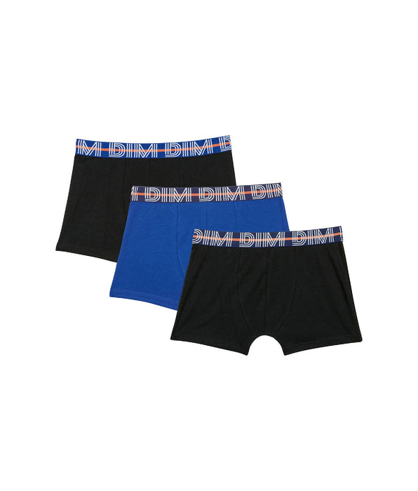 DIM 3er-Pack schwarze/blaue Jungen-Boxershorts aus Stretch-Baumwolle mit Kontrastbund - EcoDIM