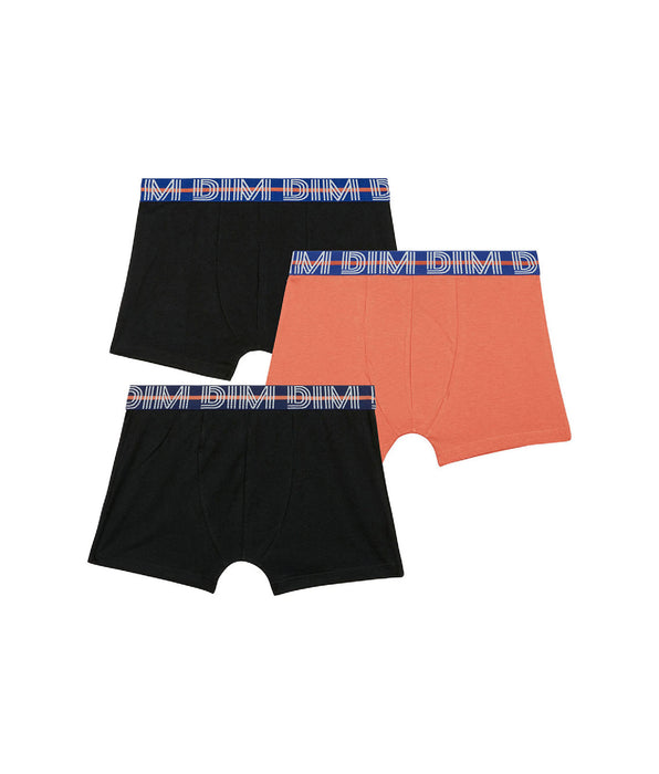 DIM 3er-Pack schwarze/orange Jungen-Boxershorts aus Stretch-Baumwolle mit Kontrastbund - EcoDIM