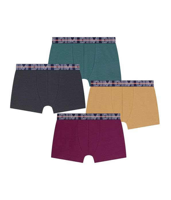 DIM 4er-Pack Boxershorts für Jungs in Bordeauxrot, Gelb, Ebenholz und Grün aus Stretch-Baumwolle für Kinder