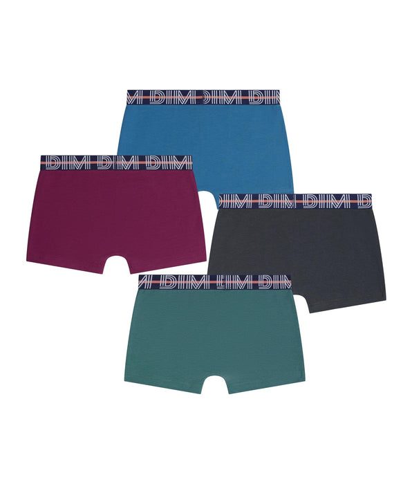 DIM 4er-Pack Boxershorts für Jungen in Grün, Ebenholz, Bordeauxrot und Blau aus Stretch-Baumwolle für Kinder