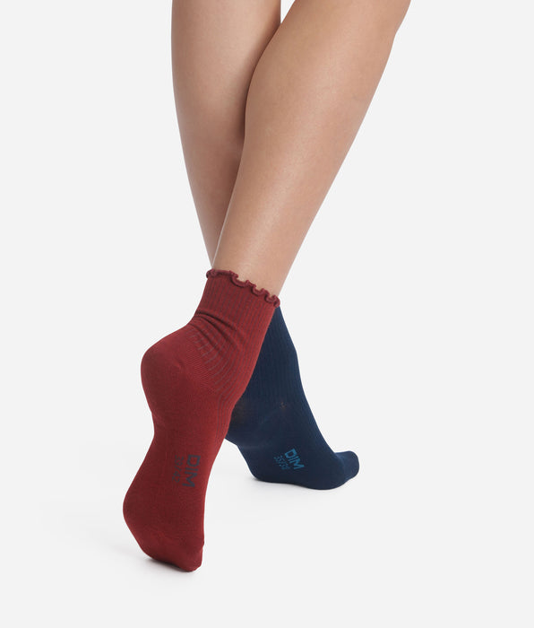 DIM 2er-Pack Damen-Socken mit Rüschen in Bordeauxblau Dim Modal