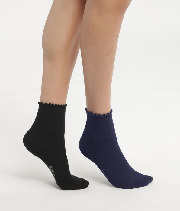 DIM 2er-Pack Damensocken mit Rüschen schwarz/dunkelblau - DIM Modal
