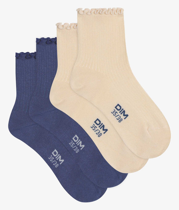 DIM 2er-Pack Damen-Socken mit Rüschen aus Modal in Blau und Creme – DIM Modal





