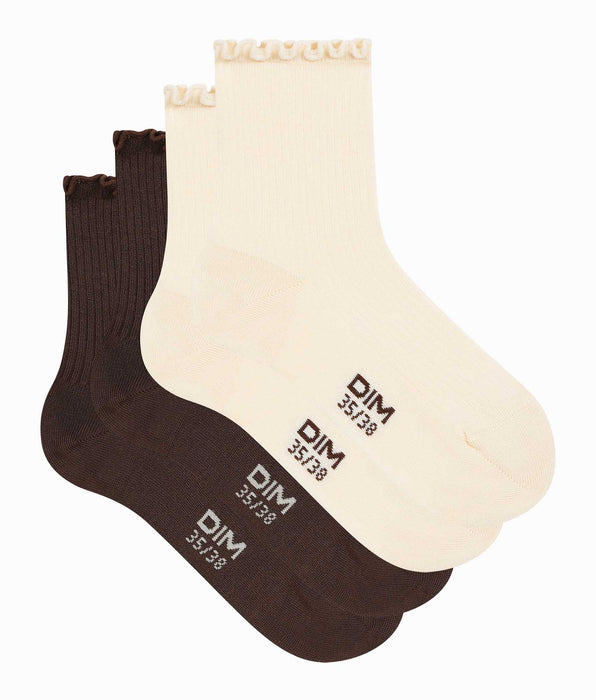 DIM 2 Paar beigefarbene Damensocken mit Rüschen aus Modal