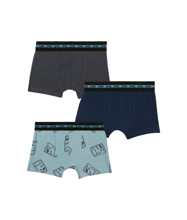 DIM 3er-Pack blaue/graue Jungenboxershorts aus Stretch-Baumwolle mit Gameboy-Motiv - EcoDIM