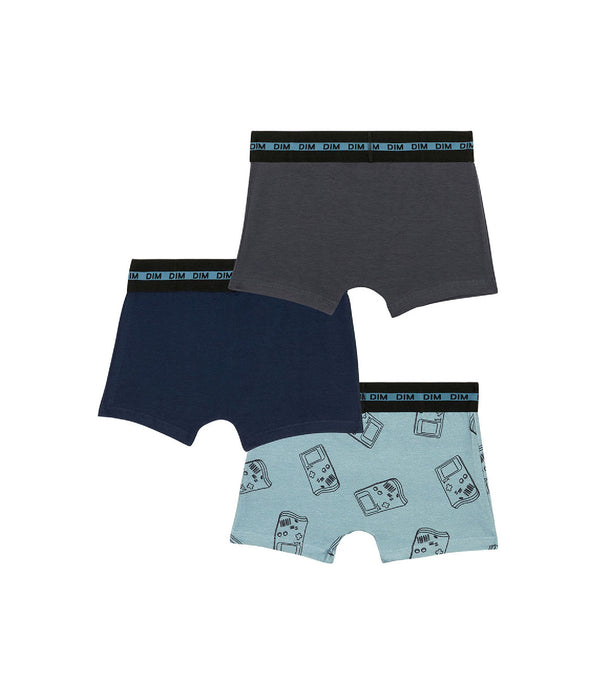 DIM 3er-Pack blaue/graue Jungenboxershorts aus Stretch-Baumwolle mit Gameboy-Motiv - EcoDIM