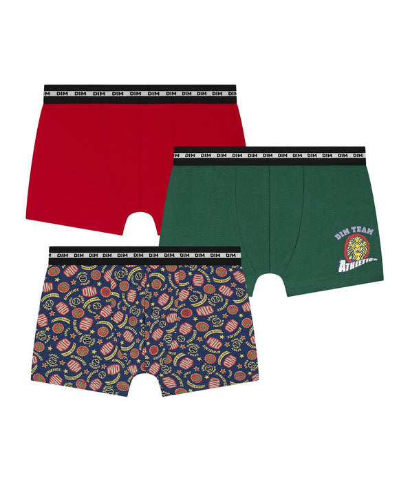 DIM 3er-Pack Boxershorts für Kinder in Rot und Grün mit Dim-Logo aus Stretch-Baumwolle