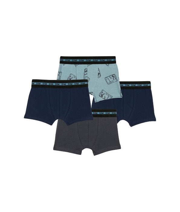 DIM 4er-Pack blaue/graue Jungenboxershorts aus Stretch-Baumwolle mit Gameboy-Motiv - EcoDIM