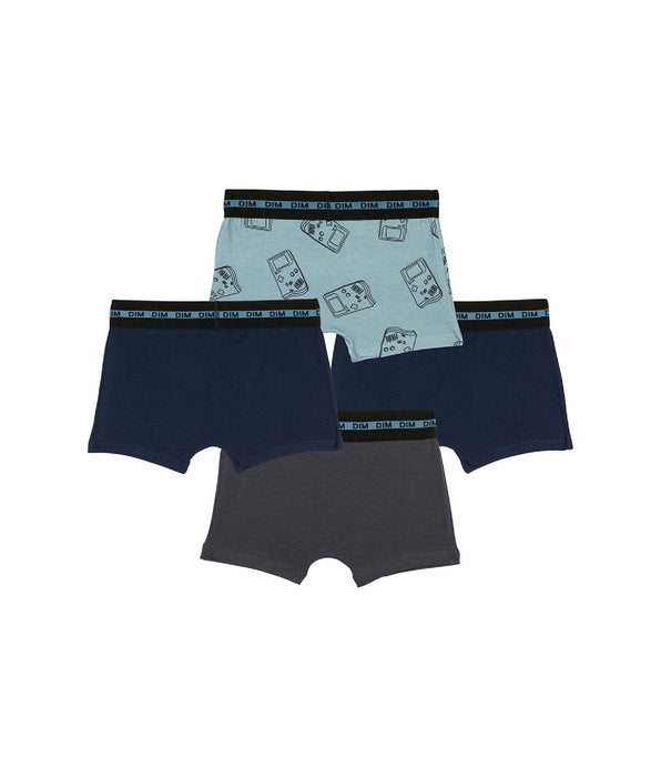 DIM 4er-Pack blaue/graue Jungenboxershorts aus Stretch-Baumwolle mit Gameboy-Motiv - EcoDIM