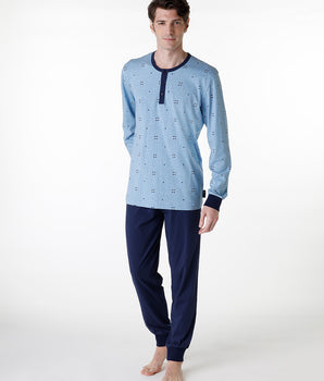 Langer Serafino-Pyjama-Set aus blau meliertem Jersey