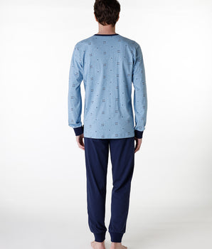 Langer Serafino-Pyjama-Set aus blau meliertem Jersey