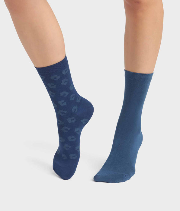DIM 2er-Pack Damensocken aus Viskose mit Bambus königsblau/dunkelblau geblümt - DIM Fancy