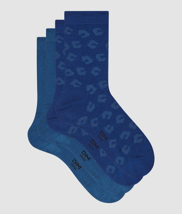 DIM 2er-Pack Damensocken aus Viskose mit Bambus königsblau/dunkelblau geblümt - DIM Fancy