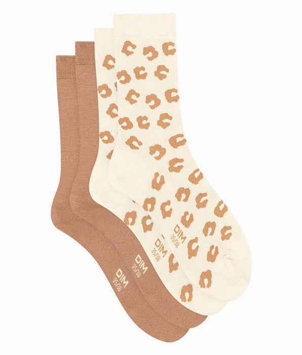 DIM Packung mit 2 Paar geblümten Damensocken Cream Dim Bambou