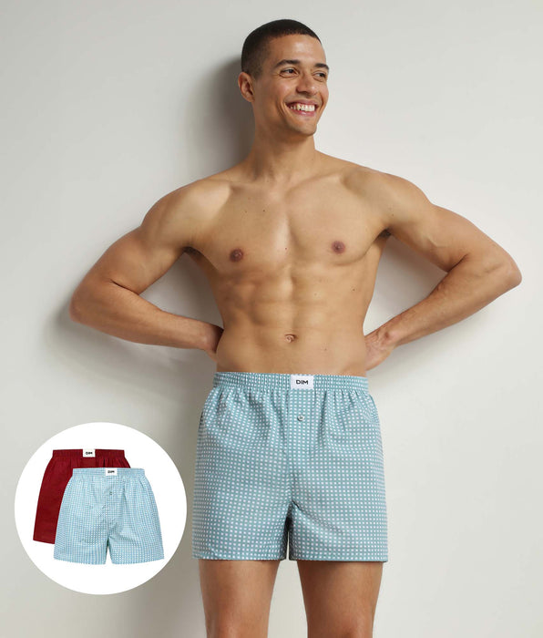 DIM 2er-Pack Boxershorts Herren Rot Grün Bio-Baumwolle Vichy-Muster Dim Good