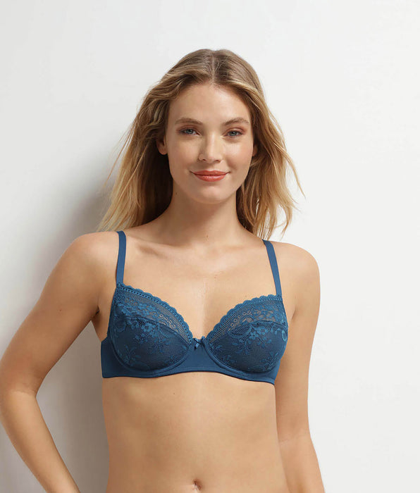 DIM Vollschalen-BH aus Spitze und blauer Netzblumenstickerei von Dim Féminine