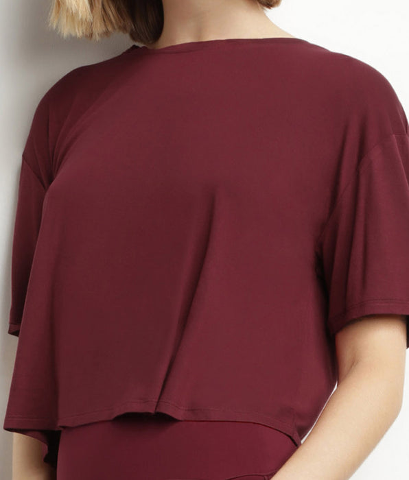DIM Sport-T-Shirt für Damen aus burgunderfarbener Viskose mit offenem Rücken Dim Move